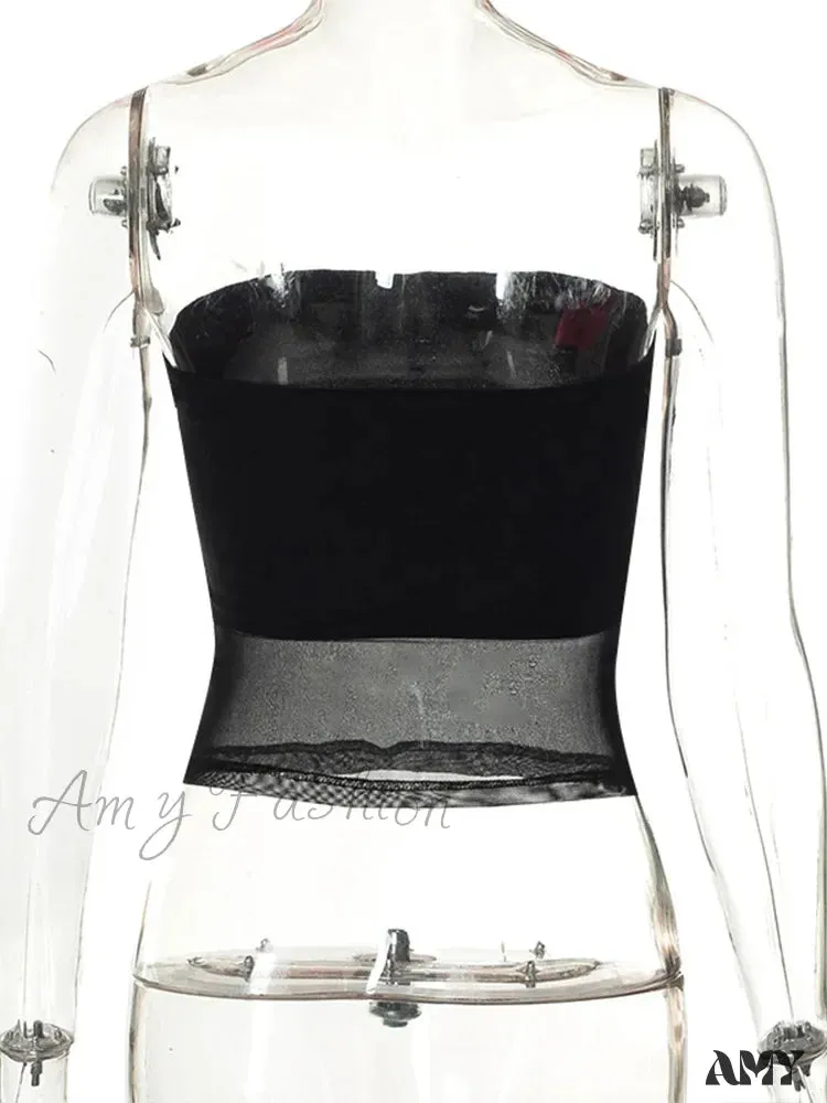 AMY - Mesh Patchwork Sexy Off Shoulder Slim Tank Crop Top