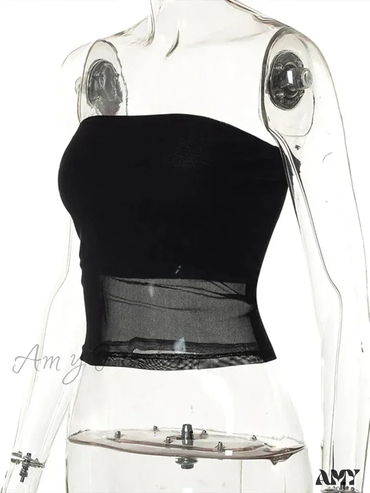 AMY - Mesh Patchwork Sexy Off Shoulder Slim Tank Crop Top