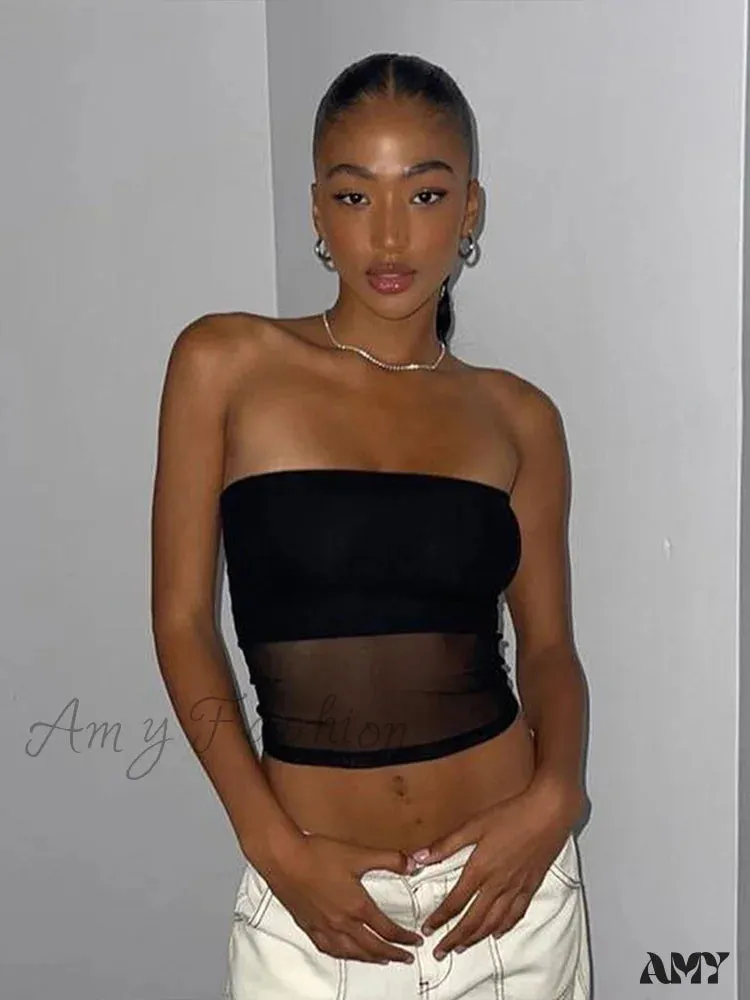 AMY - Mesh Patchwork Sexy Off Shoulder Slim Tank Crop Top