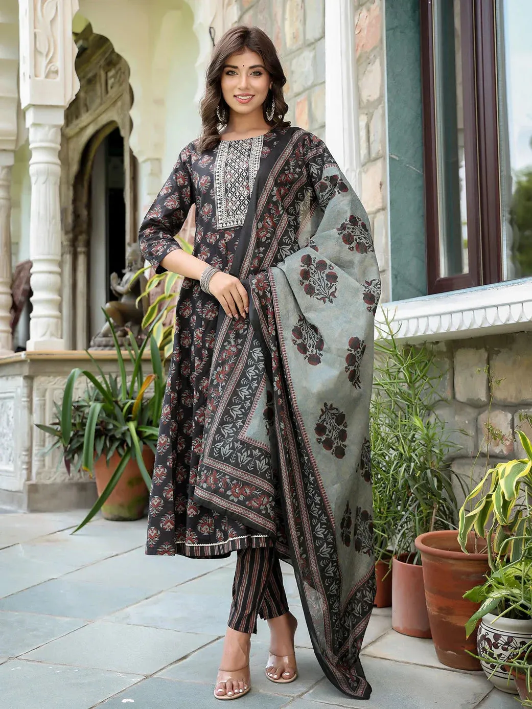 Ethnic Motifs Printed Sequinned Anarkali Shape Cotton Kurta With Trousers & Dupatta