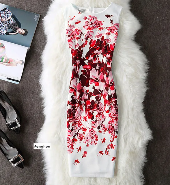 Fenghua Summer Dress Women 2017 Party Elegant Sexy Slim Casual Dresses Floral Vintage Office Bodycon Dress Plus Size 3XL 4XL