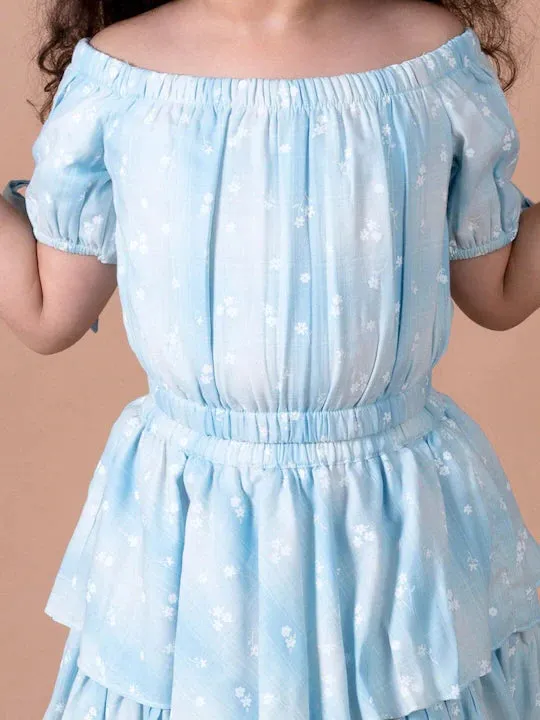 Girls Blue Printed Top With Skirt