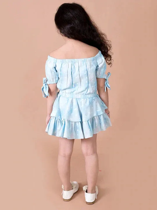 Girls Blue Printed Top With Skirt