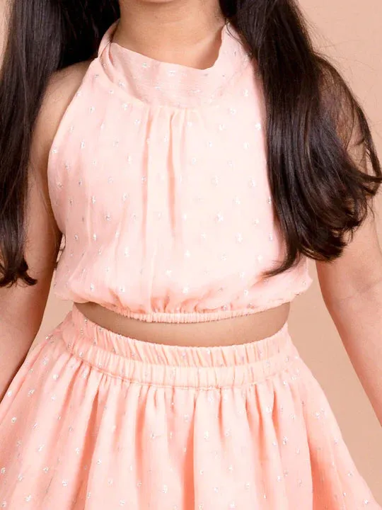 Girls Peach Solid Backless Detail Co-Ords Set