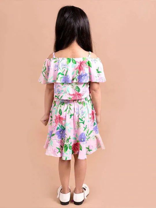 Girls Pink Blue Printed Top With Skirt