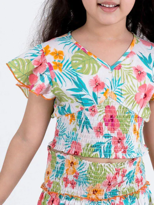 Girls White Blue Printed Top With Skirt