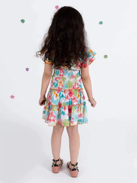 Girls White Blue Printed Top With Skirt