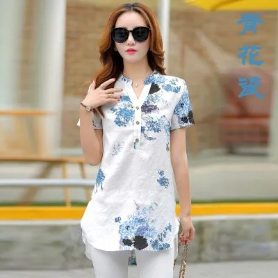 gkfnmt 2017 Women Tops XXXL Summer Style Floral Print Cotton Linen Shirts Woman Vintage Short Sleeve Blouse V-Neck Plus Size