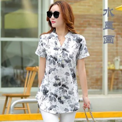 gkfnmt 2017 Women Tops XXXL Summer Style Floral Print Cotton Linen Shirts Woman Vintage Short Sleeve Blouse V-Neck Plus Size