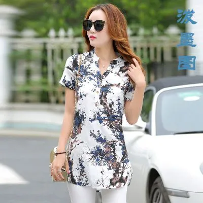 gkfnmt 2017 Women Tops XXXL Summer Style Floral Print Cotton Linen Shirts Woman Vintage Short Sleeve Blouse V-Neck Plus Size