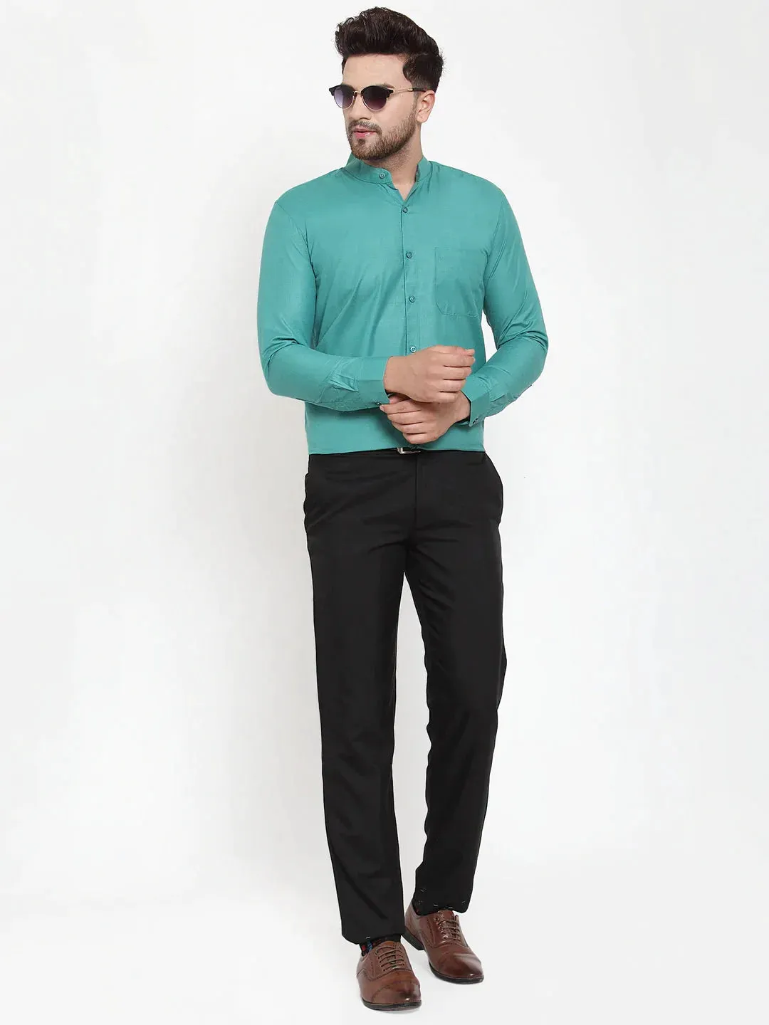 Green Men'S Cotton Solid Mandarin Collar Formal Shirts