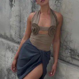 Hollow Out Frill Mesh Crop Top – See-Through Y2K Halter, Ruched Backless Clubwear