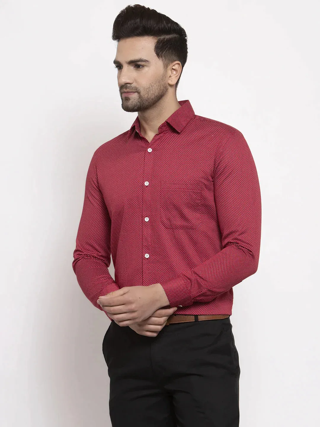 Maroon Men'S Cotton Polka Dots Formal Shirts