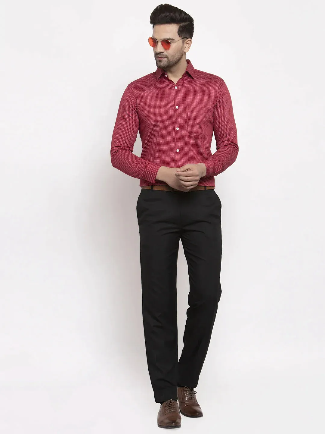 Maroon Men'S Cotton Polka Dots Formal Shirts