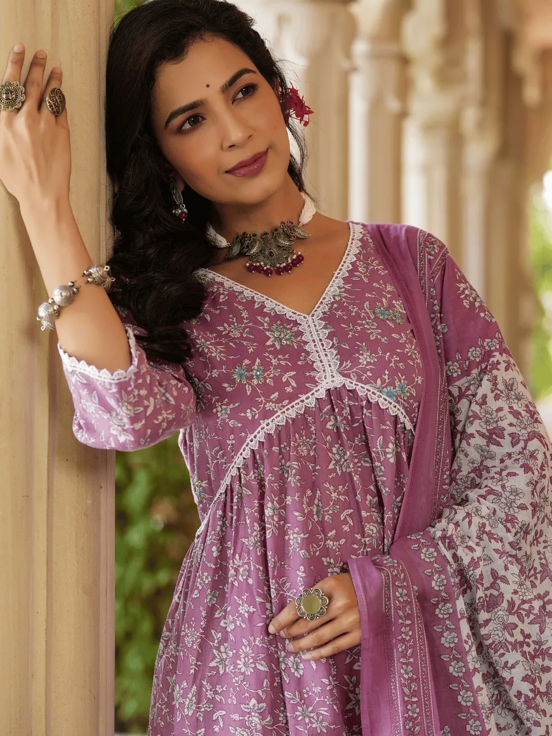 Mauve Floral Printed Regular Pure Cotton Alia-Cut Kurta With Trousers & With Dupatta Set