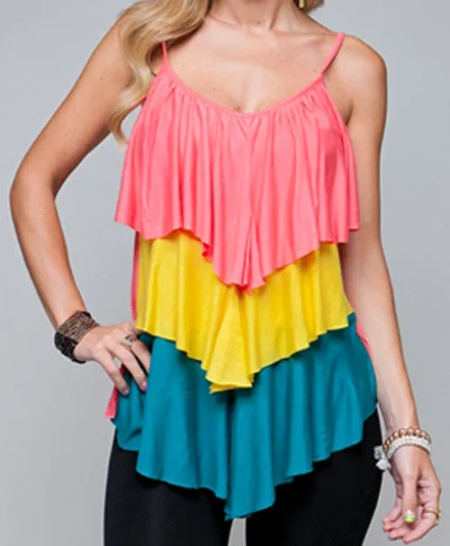 NEW Womens Spaghetti Asymmetrical Top Blouse Cami Tiered Layered Color Block Blocking Orange Yellow Blue Women's Size Small S