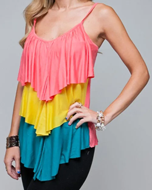 NEW Womens Spaghetti Asymmetrical Top Blouse Cami Tiered Layered Color Block Blocking Orange Yellow Blue Women's Size Small S