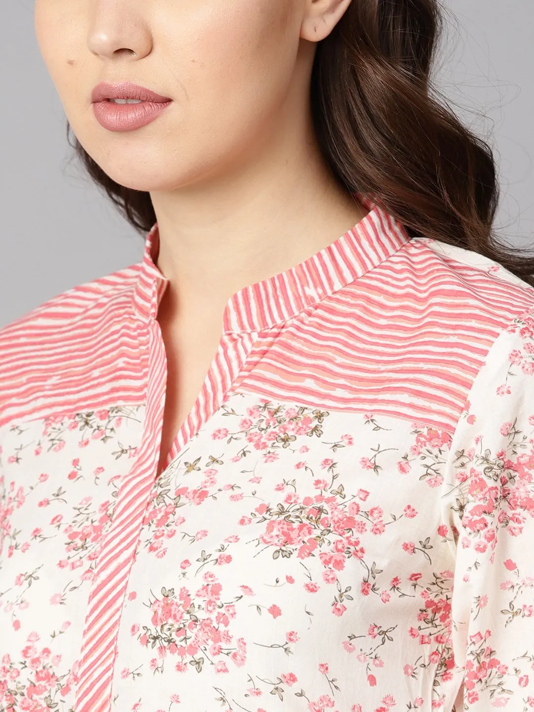 Off-White Floral Printed Straight Kurta With Stripped Yoke And Cigratte Pants.