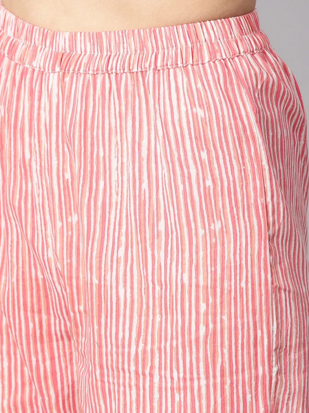 Off-White Floral Printed Straight Kurta With Stripped Yoke And Cigratte Pants.