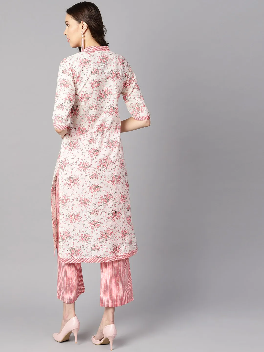Off-White Floral Printed Straight Kurta With Stripped Yoke And Cigratte Pants.