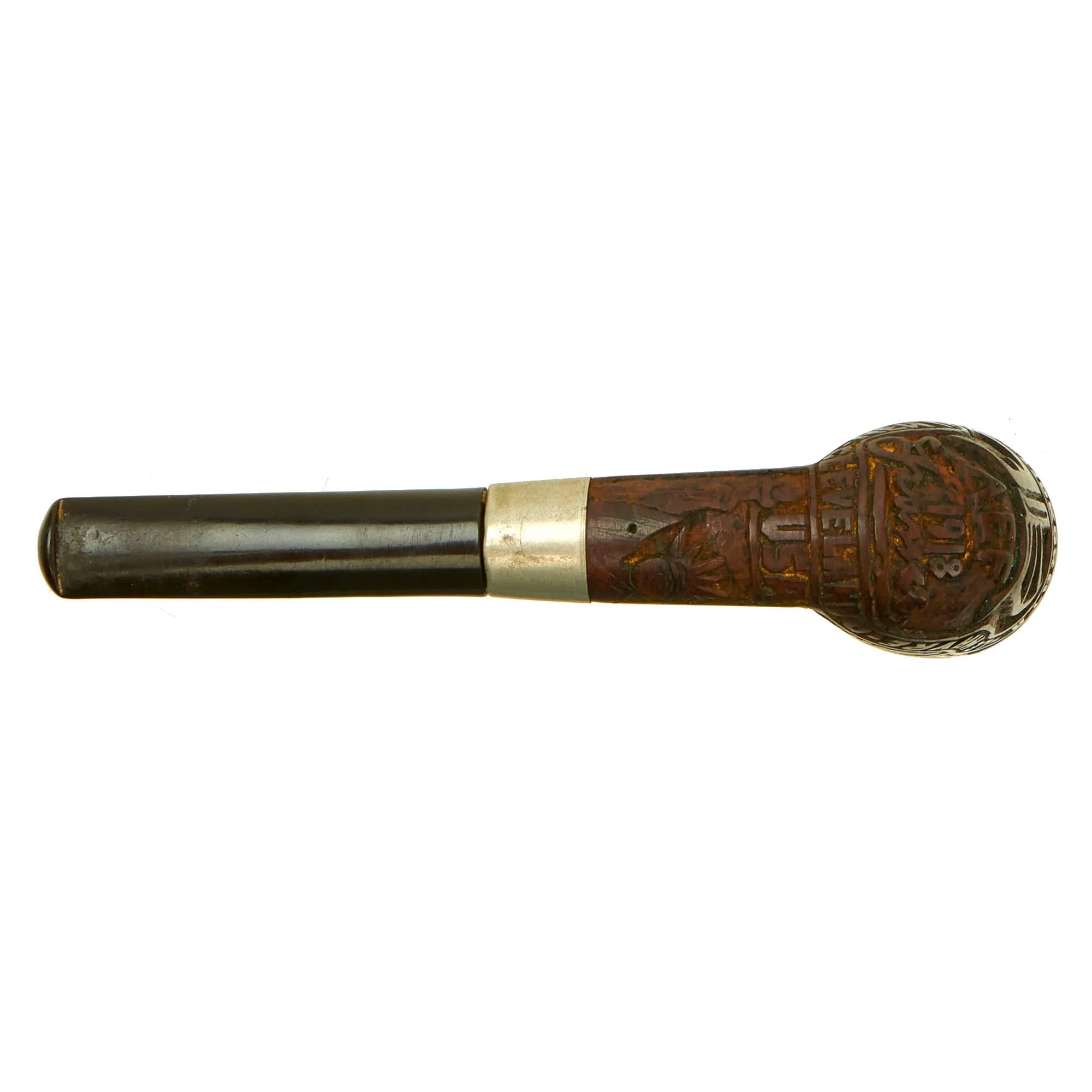 Original U.S. WWI U.S.S. Ohioan French Briar Carved Pipe by Colossus Pipe Factory With Patriotic Motifs and Leather Case