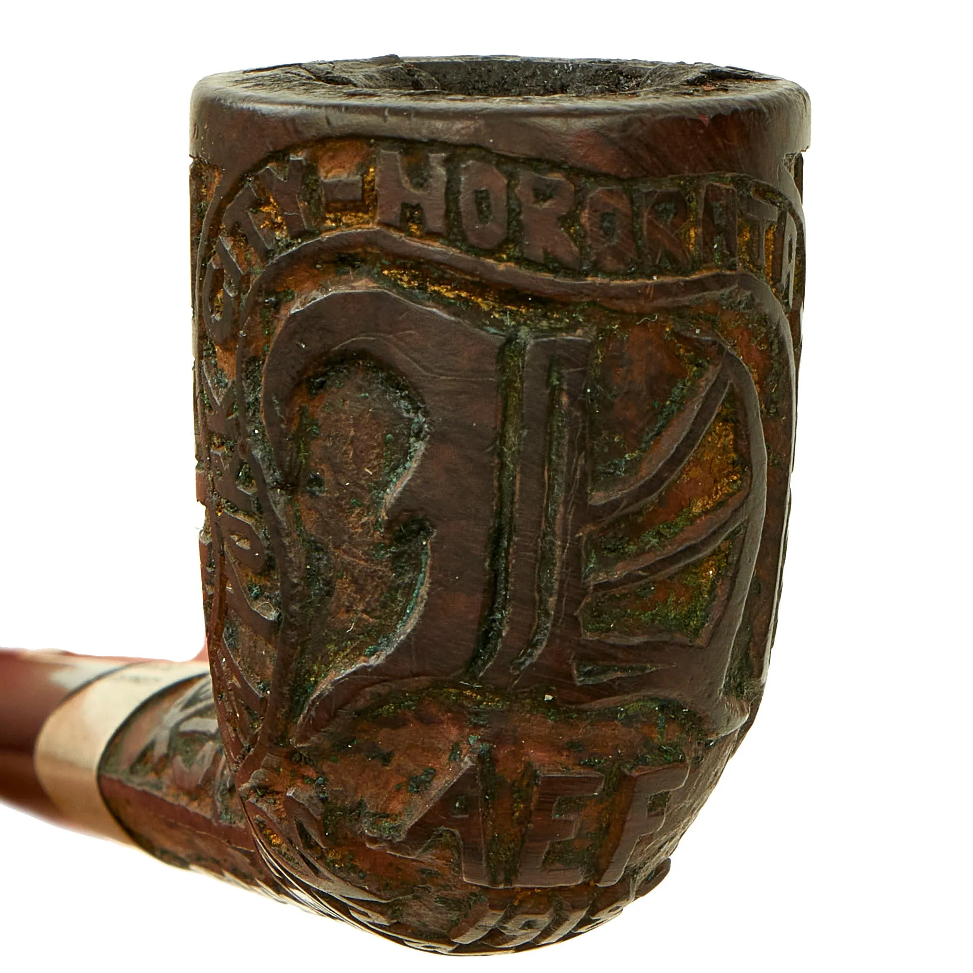Original U.S. WWI U.S.S. Ohioan French Briar Carved Pipe by Colossus Pipe Factory With Patriotic Motifs and Leather Case