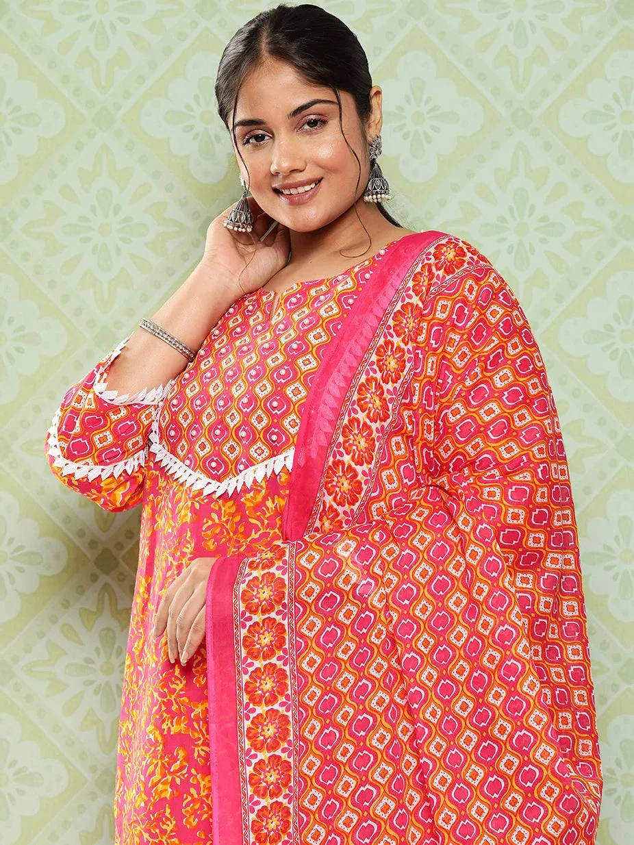 Plus Size Pink Floral Printed Pure Cotton Kurta With Trousers & With Dupatta