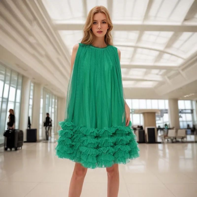 Ruffle Patchwork Sleeveless Mesh Dress