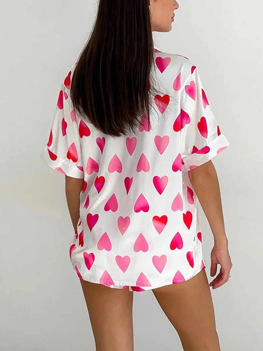 Sleeve Heart Print Loose Shirt Shorts Loungewear PJs Short Pajamas