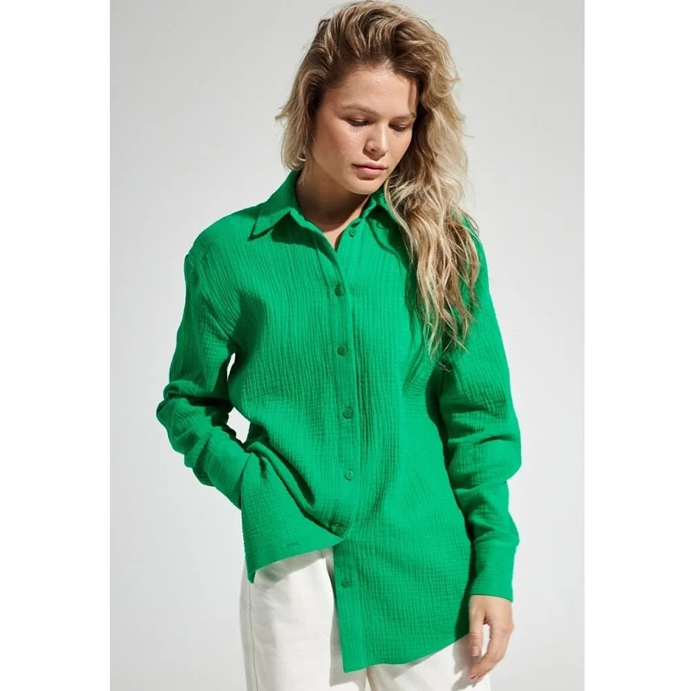 Suninbox 2023 Women&#39;s Spring Summer 100% Cotton Shirts Office Lady Casual Oversized Crepe Shirts White Long Sleeve Loose Blouse