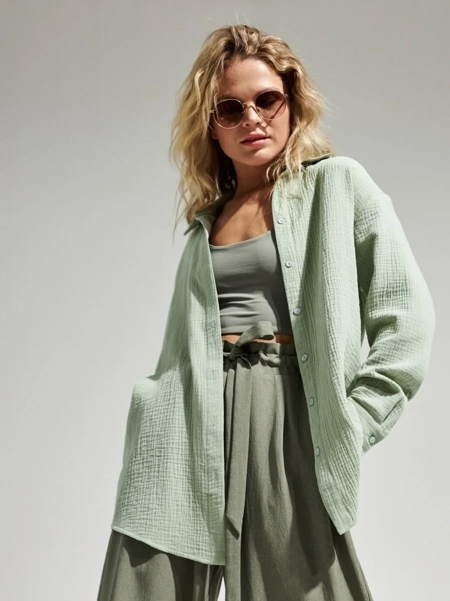 Suninbox 2023 Women&#39;s Spring Summer 100% Cotton Shirts Office Lady Casual Oversized Crepe Shirts White Long Sleeve Loose Blouse