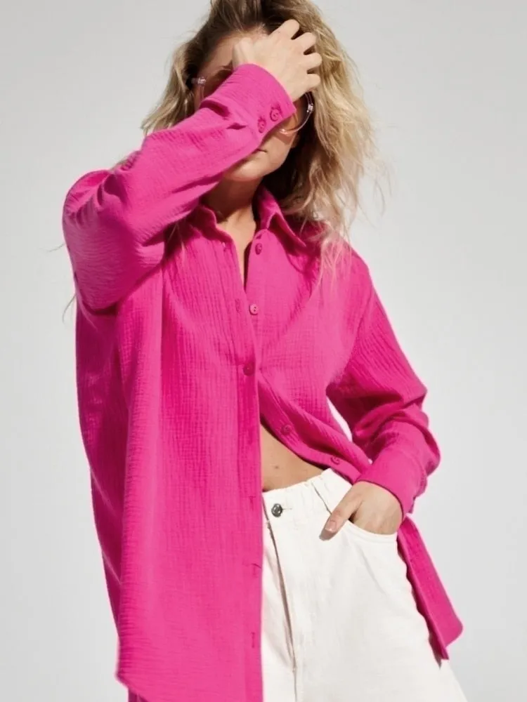 Suninbox 2023 Women&#39;s Spring Summer 100% Cotton Shirts Office Lady Casual Oversized Crepe Shirts White Long Sleeve Loose Blouse