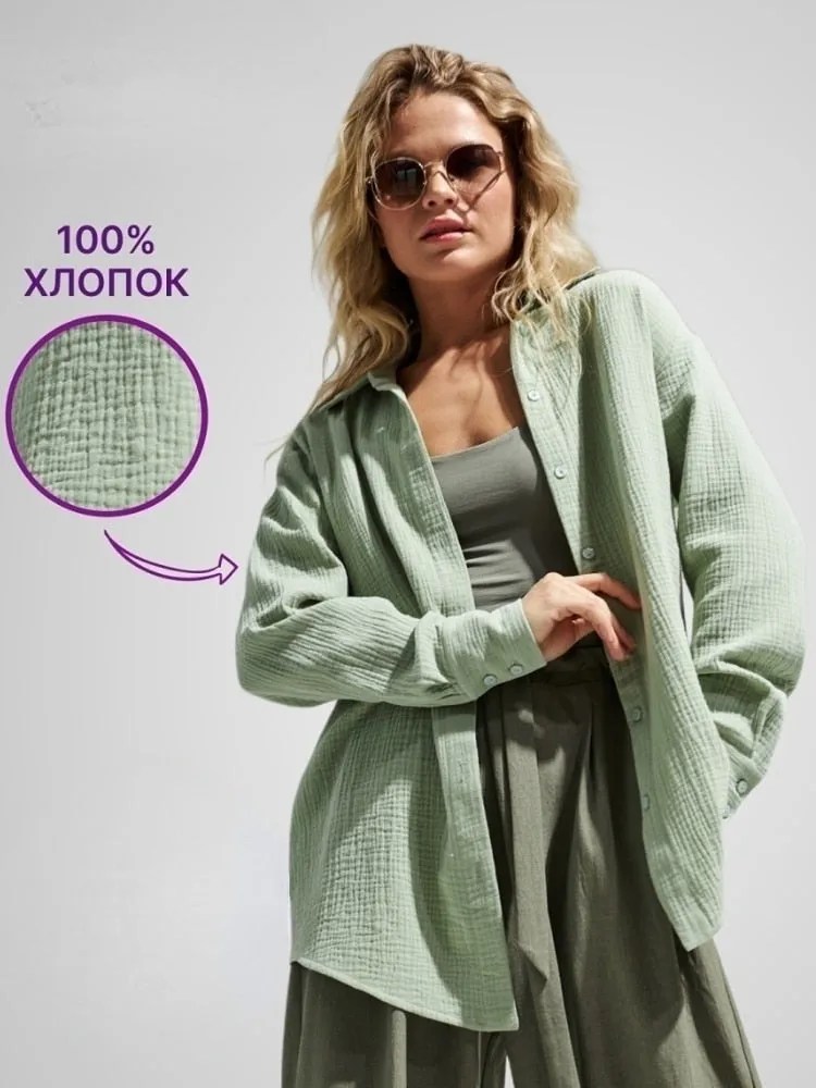 Suninbox 2023 Women&#39;s Spring Summer 100% Cotton Shirts Office Lady Casual Oversized Crepe Shirts White Long Sleeve Loose Blouse