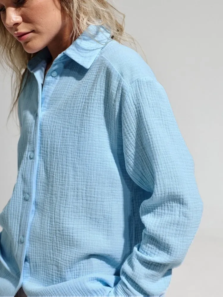 Suninbox 2023 Women&#39;s Spring Summer 100% Cotton Shirts Office Lady Casual Oversized Crepe Shirts White Long Sleeve Loose Blouse