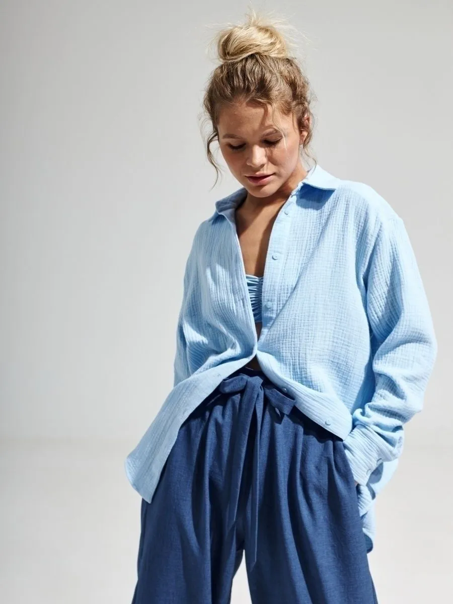 Suninbox 2023 Women&#39;s Spring Summer 100% Cotton Shirts Office Lady Casual Oversized Crepe Shirts White Long Sleeve Loose Blouse