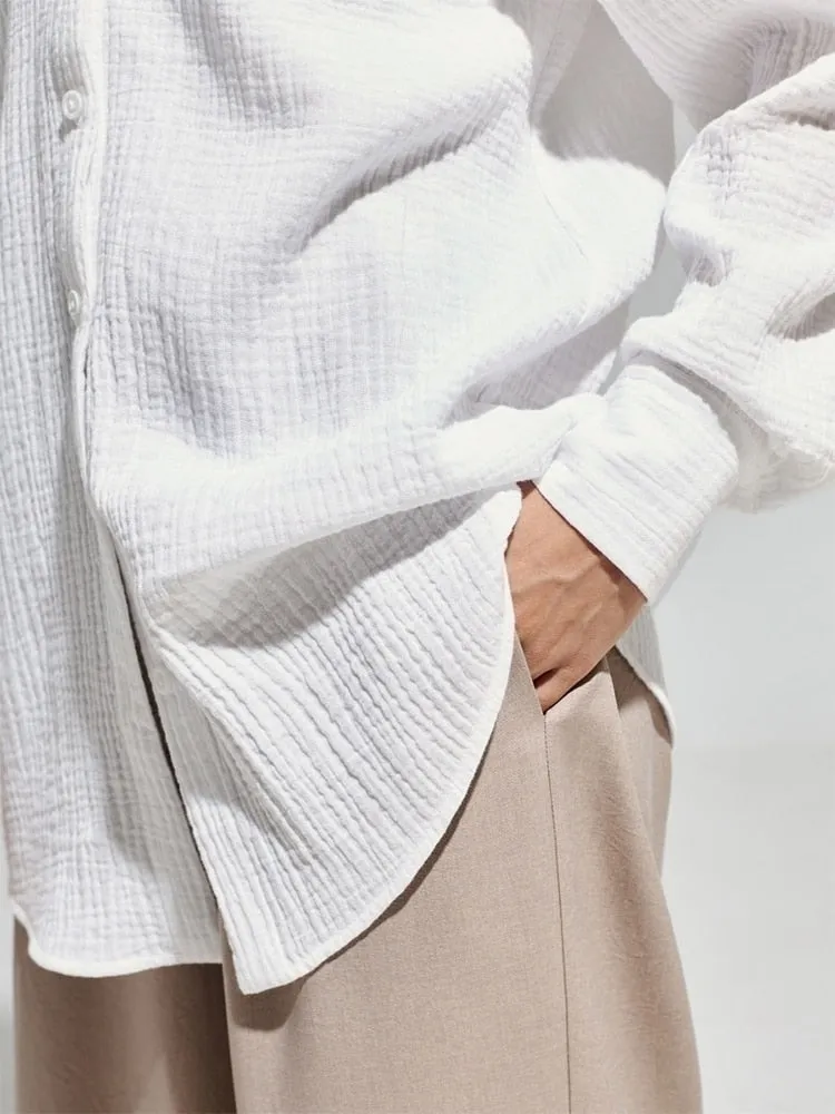 Suninbox 2023 Women&#39;s Spring Summer 100% Cotton Shirts Office Lady Casual Oversized Crepe Shirts White Long Sleeve Loose Blouse