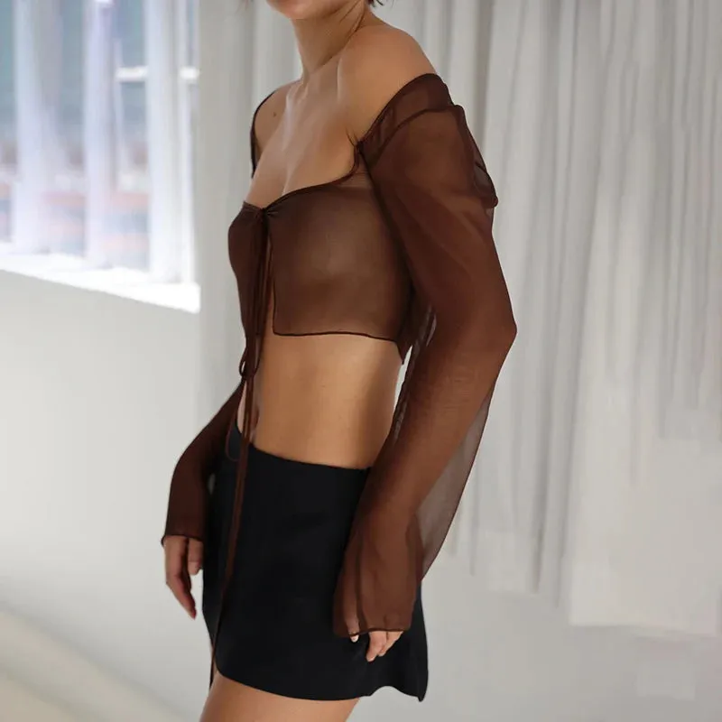 Vintage Aesthetic Y2K Mesh Crop Top – Lace-Up Long Sleeve Grunge T-Shirt for Women