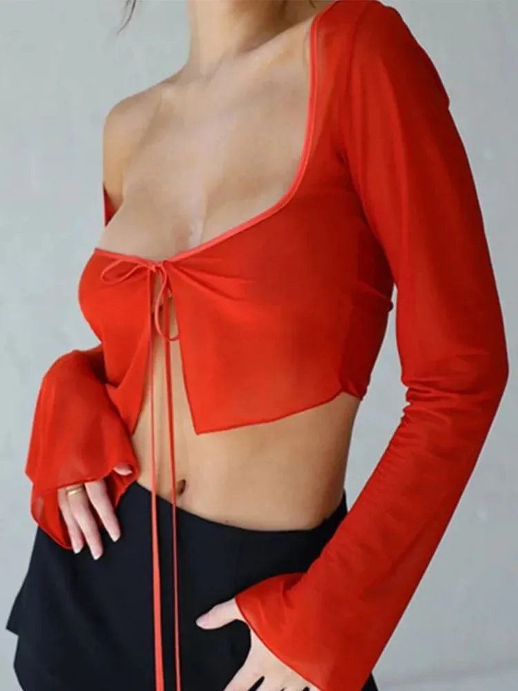 Vintage Aesthetic Y2K Mesh Crop Top – Lace-Up Long Sleeve Grunge T-Shirt for Women