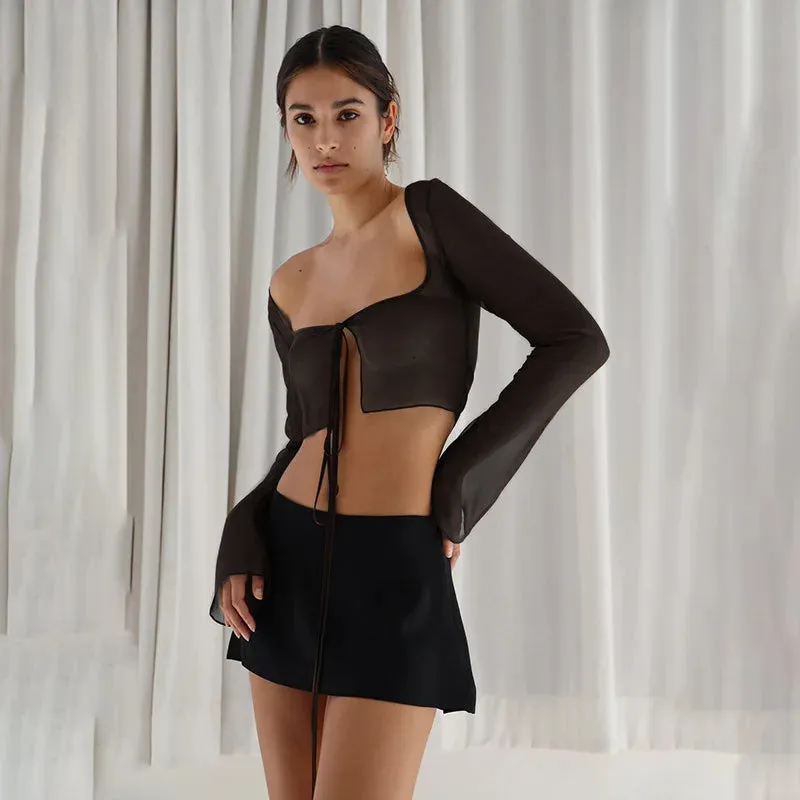 Vintage Aesthetic Y2K Mesh Crop Top – Lace-Up Long Sleeve Grunge T-Shirt for Women