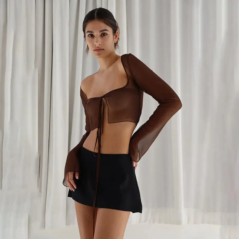 Vintage Aesthetic Y2K Mesh Crop Top – Lace-Up Long Sleeve Grunge T-Shirt for Women