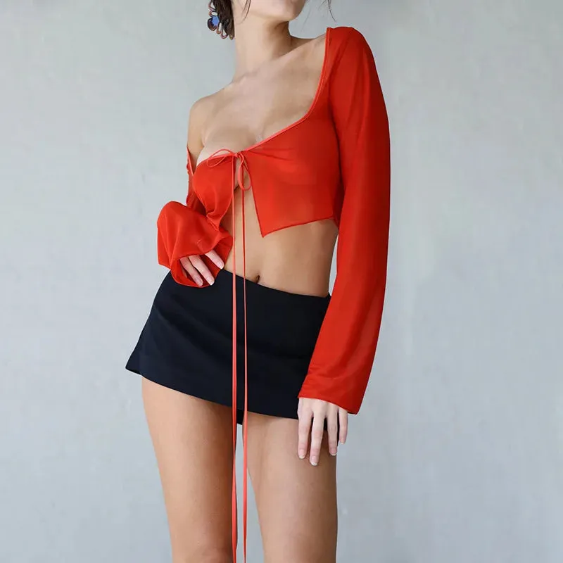 Vintage Aesthetic Y2K Mesh Crop Top – Lace-Up Long Sleeve Grunge T-Shirt for Women