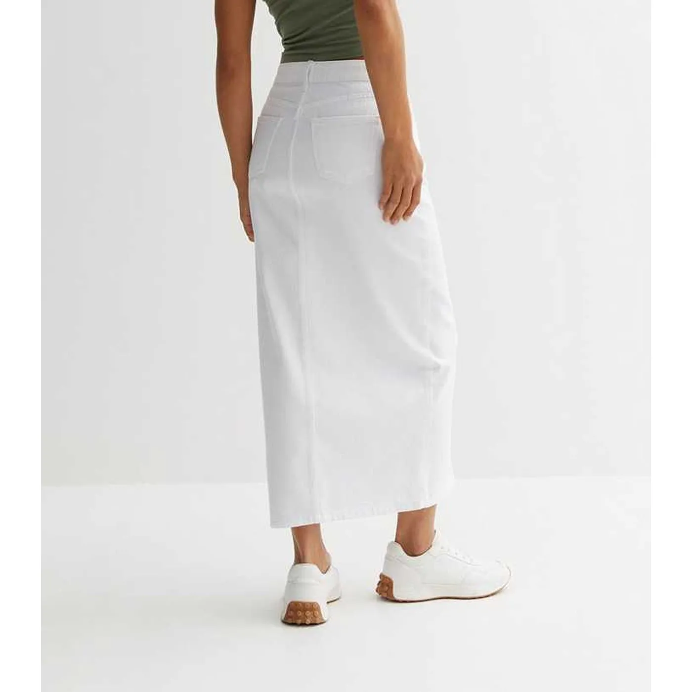 White Front-Slit Denim Skirt