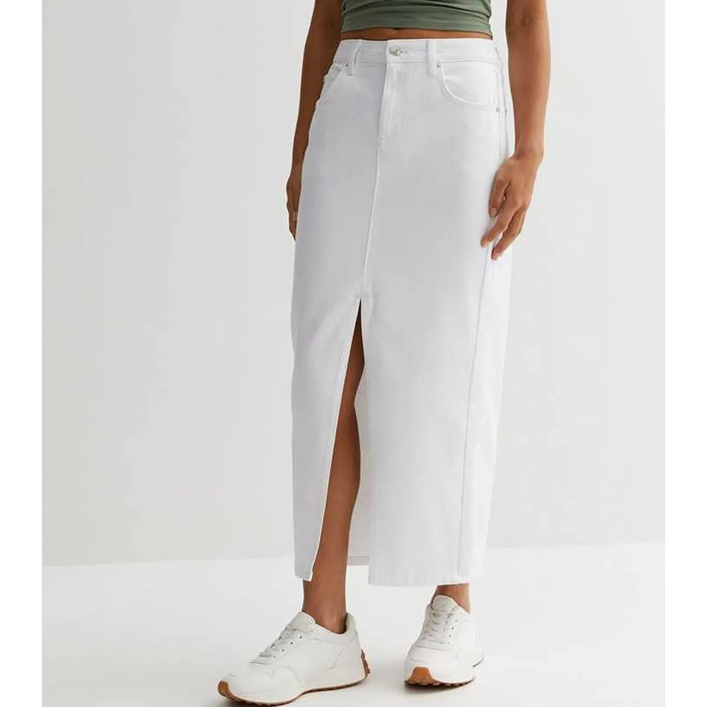 White Front-Slit Denim Skirt