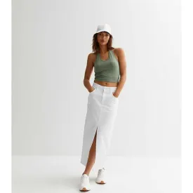 White Front-Slit Denim Skirt