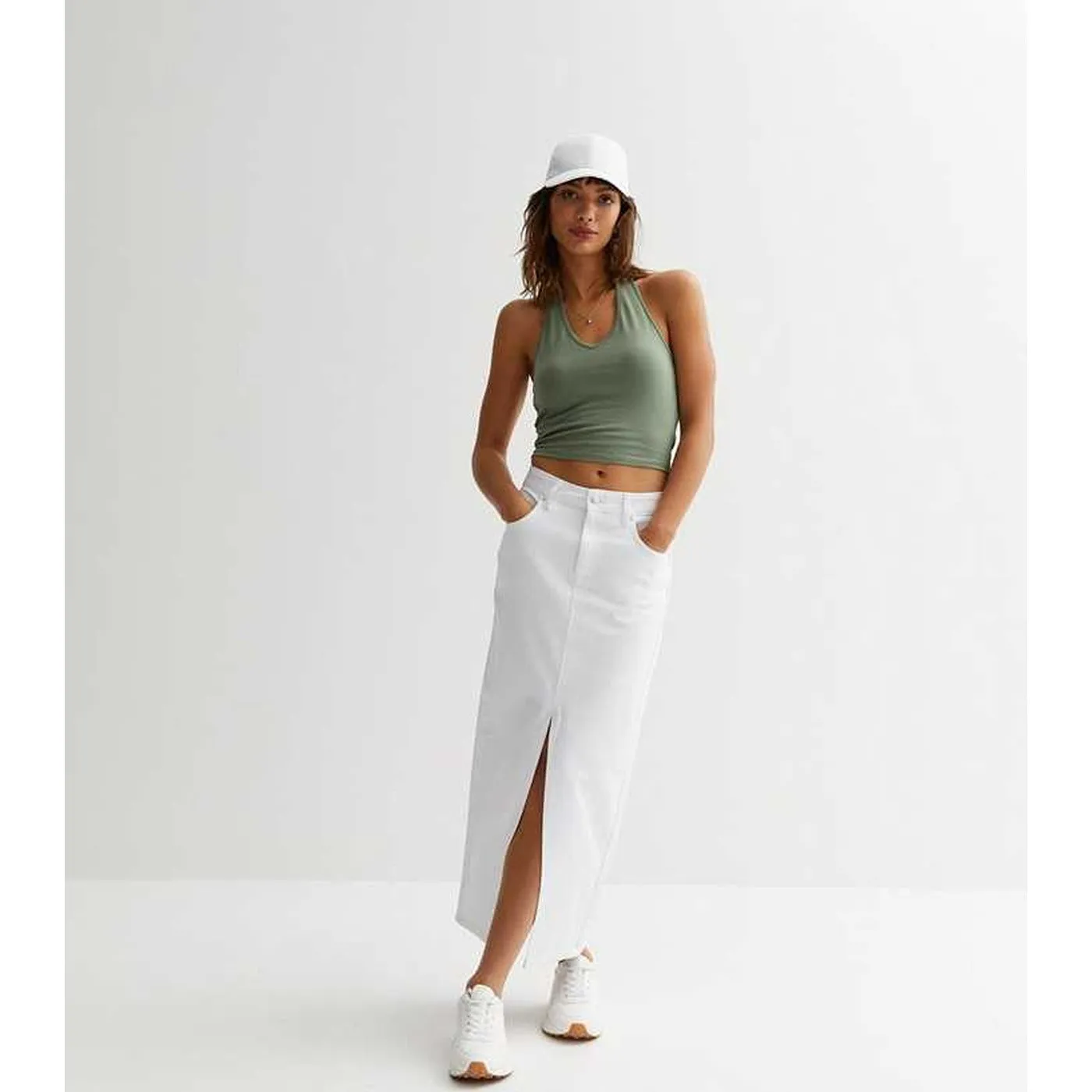 White Front-Slit Denim Skirt