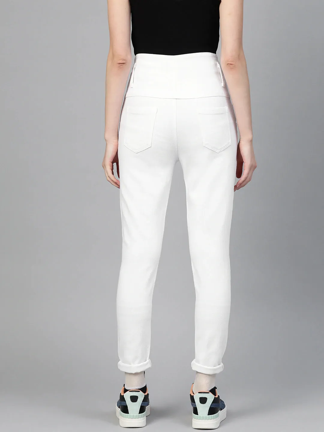 White Metal Button High Waist Jeans
